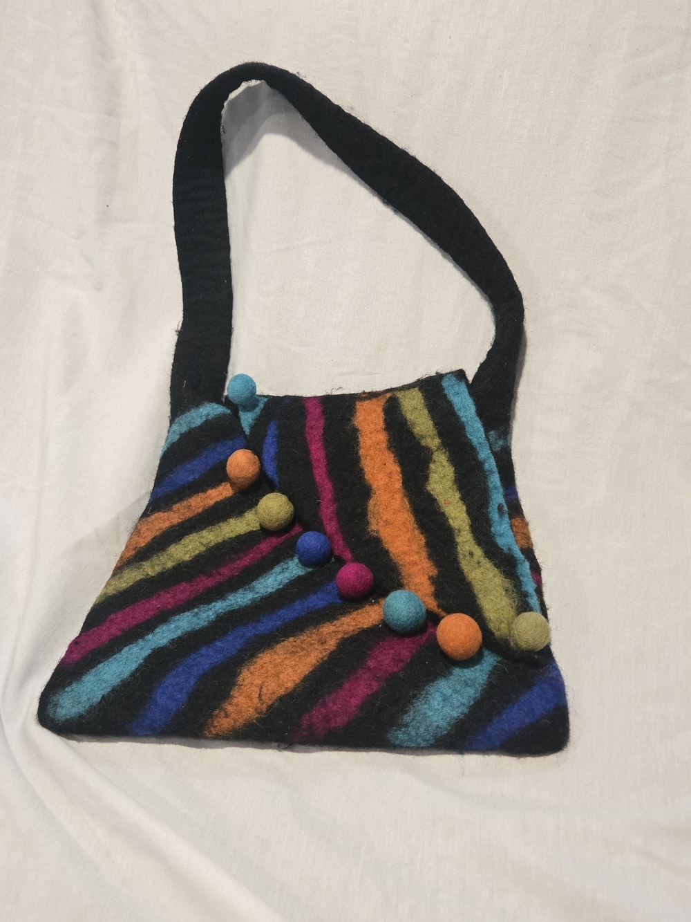Vibrant Felted Wool Rainbow Stripe Boho Handbag Pom Pom Accent